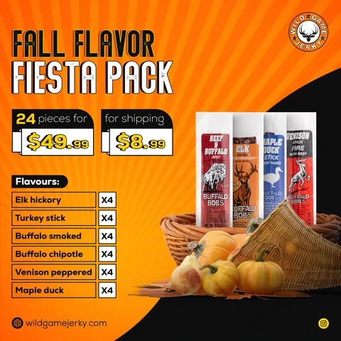 Wild Game Jerky 'Fall Flavor Fiesta Pack' post: 24-piece sampler with a flavour list, pumpkins and a basket