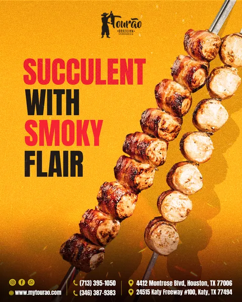 Tourao Brazilian Steakhouse social post: skewered grilled meat on amber, headline 'Succulent with smoky flair'