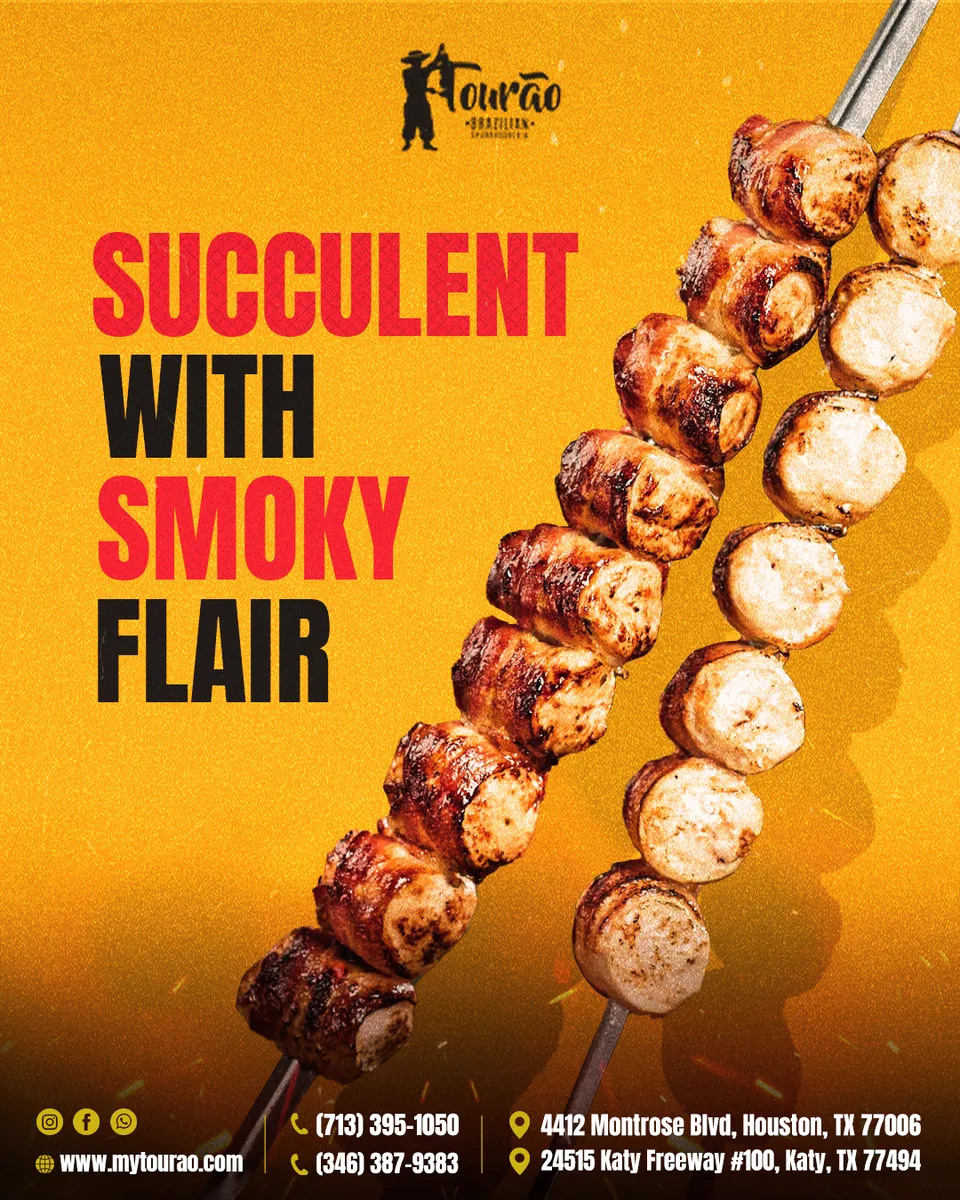 Tourao Brazilian steakhouse post 'Succulent with smoky flair' with skewered grilled meat on an amber background