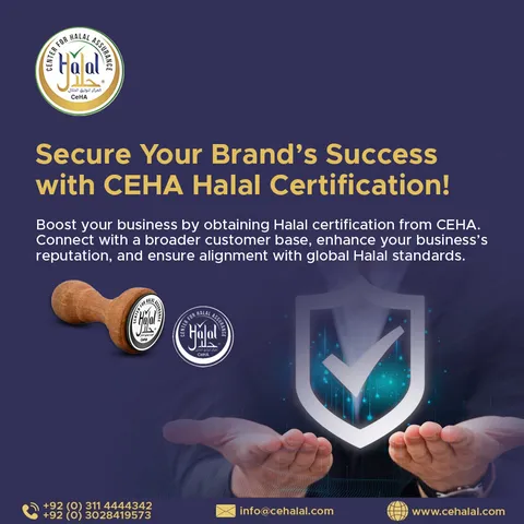 CEHA Halal 'Secure your brand's success with CEHA Halal certification' post: rubber stamp, shield and open hands