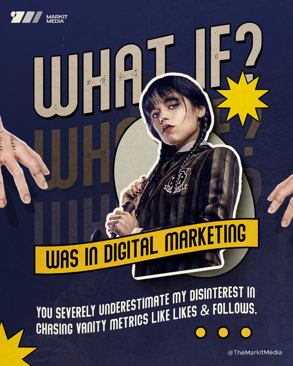 Markit Media 'What if... was in digital marketing' post: young woman with braids in a dark dress, vanity metrics line