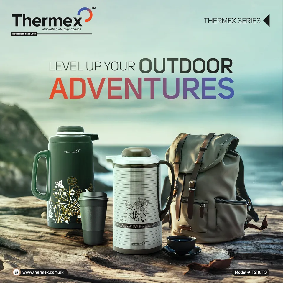 Thermex 'Level up your outdoor adventures' post with flasks beside a backpack by a lake