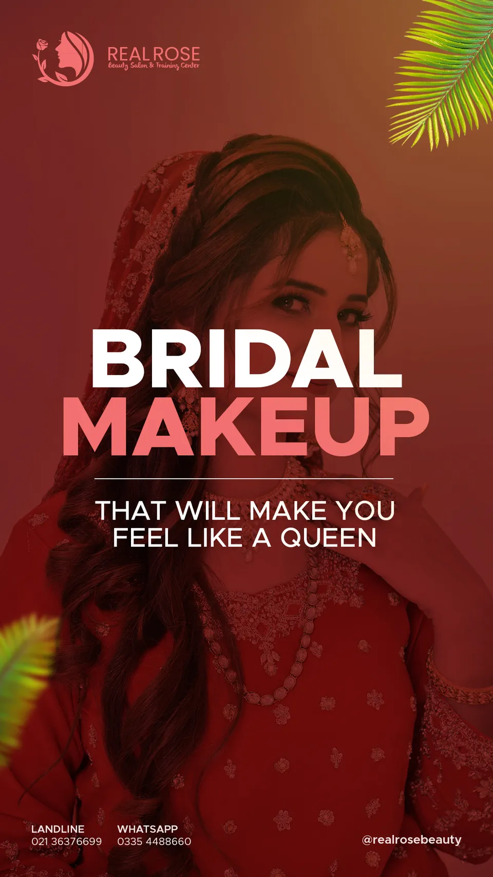 Real Rose Beauty bridal-makeup post with a bride in a red dupatta on a deep red panel