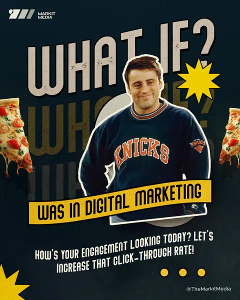 Markit Media 'What if... was in digital marketing' post: man in a navy sweatshirt with pizza slices, click-through rate joke