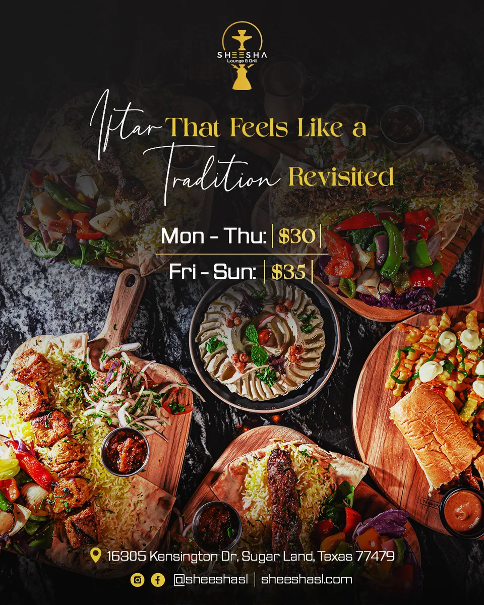 Sheesha Lounge and Grill iftar spread on a dark background with gold script headline