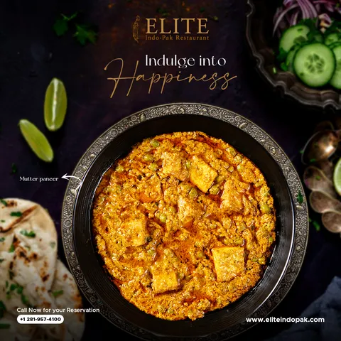 Elite Indo-Pak Restaurant social post: mutter paneer in a patterned bowl, headline 'Indulge into Happiness'