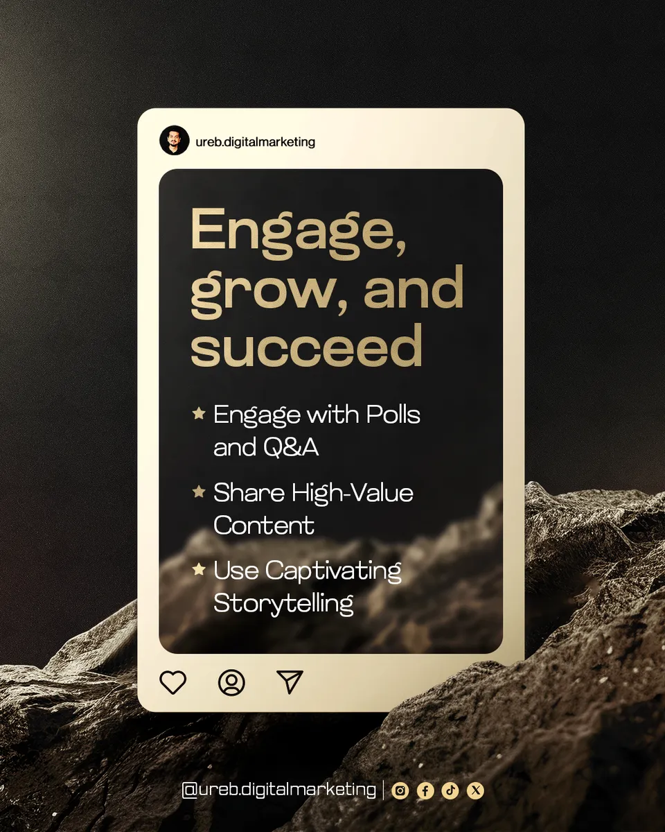 Ureb Digital Marketing 'Engage, grow and succeed' post: social profile card with polls, content and storytelling tips