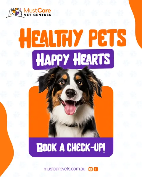 MustCare Vet Centres 'Healthy Pets Happy Hearts' post: smiling dog in an orange frame, Book a check-up button