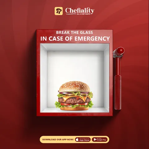 Chefiality 'In case of emergency, break the glass' post: burger inside a red emergency glass box