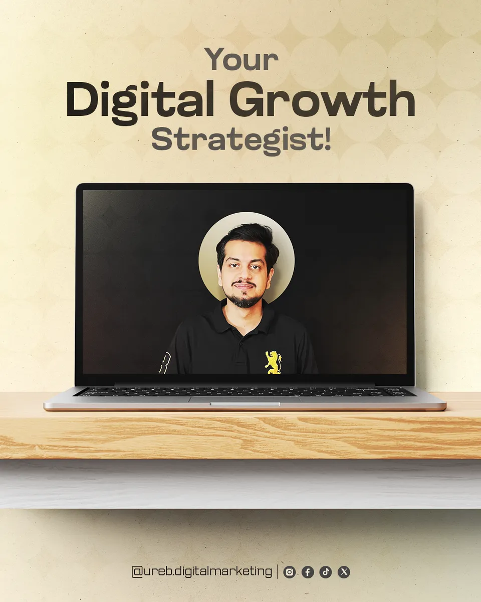 Ureb Digital Marketing 'Your digital growth strategist' post: man on a laptop screen on a wooden shelf
