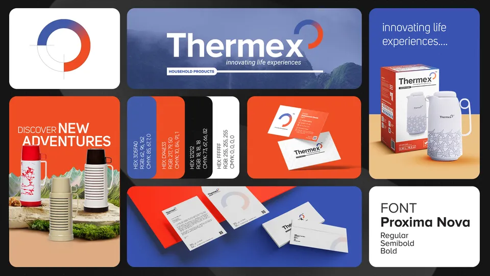 Thermex logo and brand identity board with red and blue palette and packaging mockups