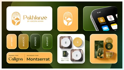 Pakhlanze identity board: gold and green logo, app icons, colour codes, packaging and Caligna and Montserrat typefaces