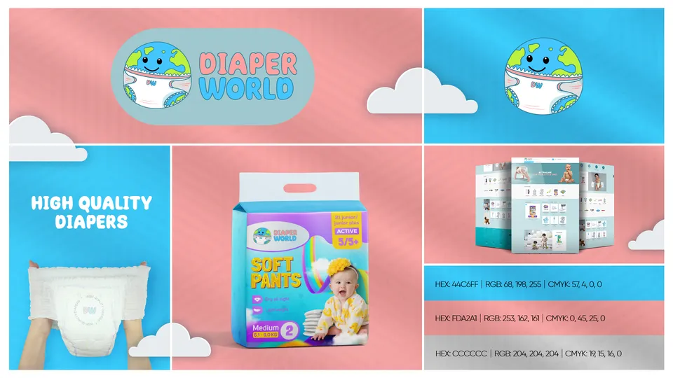 Diaper World logo and brand identity board with globe-and-nappy mark and packaging mockups