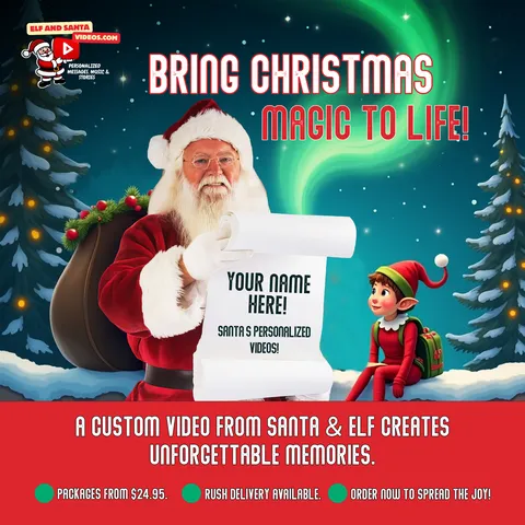 Elf and Santa Videos 'Bring Christmas magic to life' post: Santa with a scroll reading Your name here and an elf