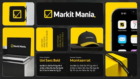 Markit Mania identity board: checkbox mark, wordmark in yellow and black, app icon, cap, laptop and typefaces