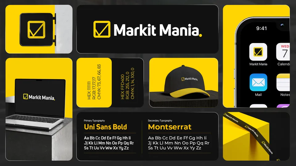 Markit Mania identity board: checkbox mark, wordmark in yellow and black, app icon, cap, laptop and typefaces