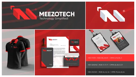 MeezoTech identity board: red and black logo, black polo shirt, ID lanyard, letterhead and cards with colour codes