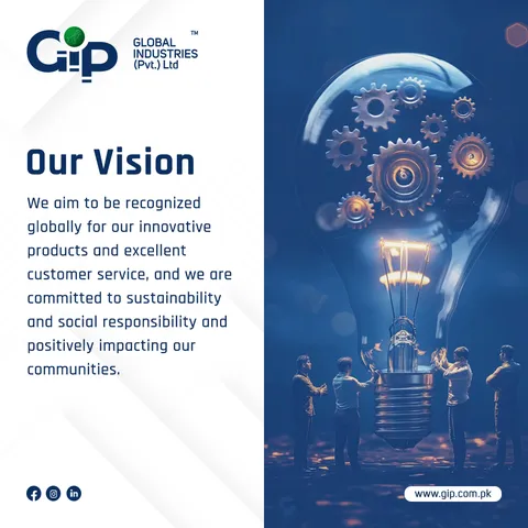 Global Industries 'Our Vision' post: gears inside a lightbulb above a team, vision statement on white