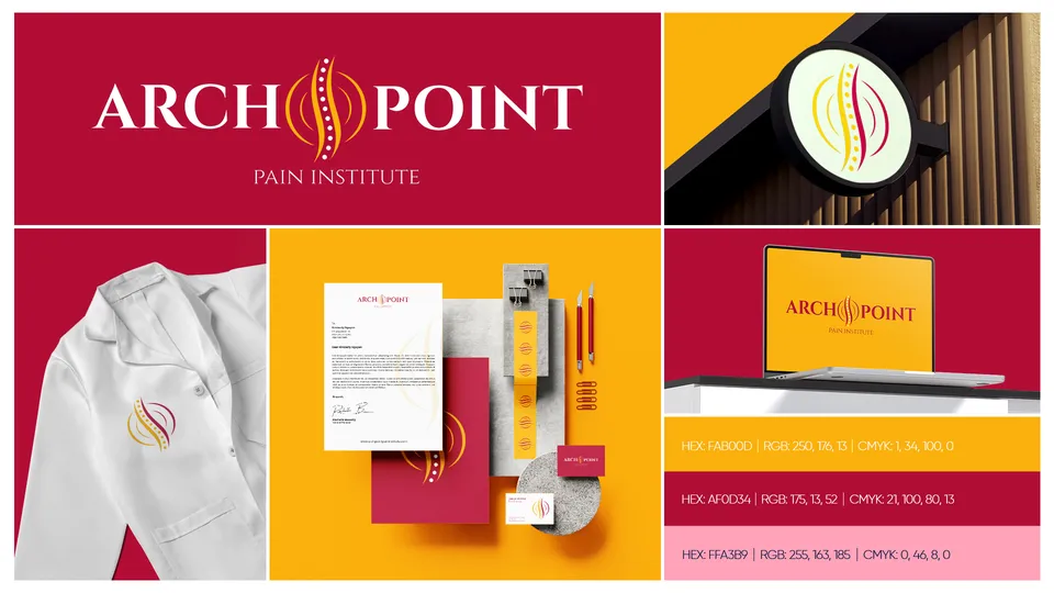 Arch Point logo and brand identity board in red and yellow with lab-coat and stationery mockups