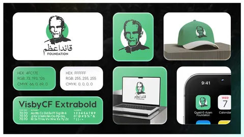 Quaid-e-Azam Foundation identity board: green portrait emblem with Urdu lettering, cap, laptop and app icon