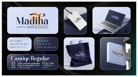 Madiha Masood identity board: serif wordmark with a sun, hang tag, laptop, tote bag and Cantique Regular typeface