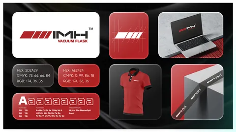 IMH Vacuum Flask identity board: red slashed IMH logo, red and charcoal palette, laptop, polo shirt and packaging tape