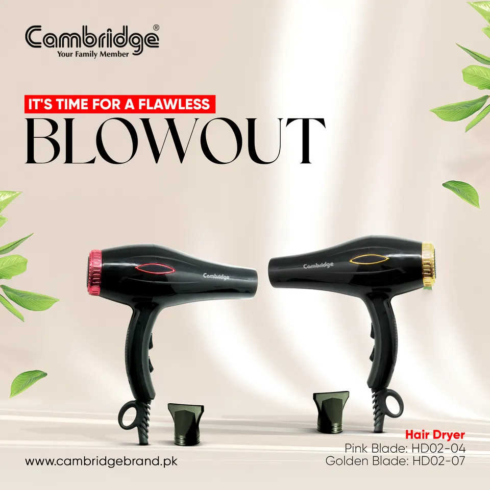 Cambridge 'Blowout' post showing two hair dryers on a light background