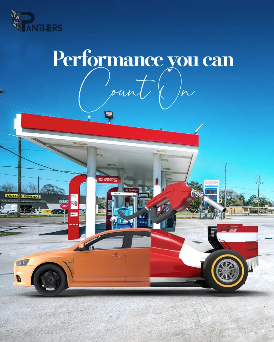 Panthers fuel-brand post 'Performance you can count on' with a race car merging into a sedan at a fuel station