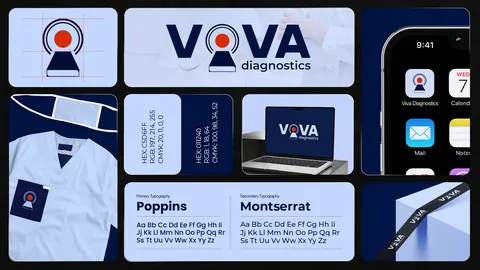 Viva Diagnostics identity board: V and A letters around a red lens mark, scrubs, app icon, laptop and Poppins typeface