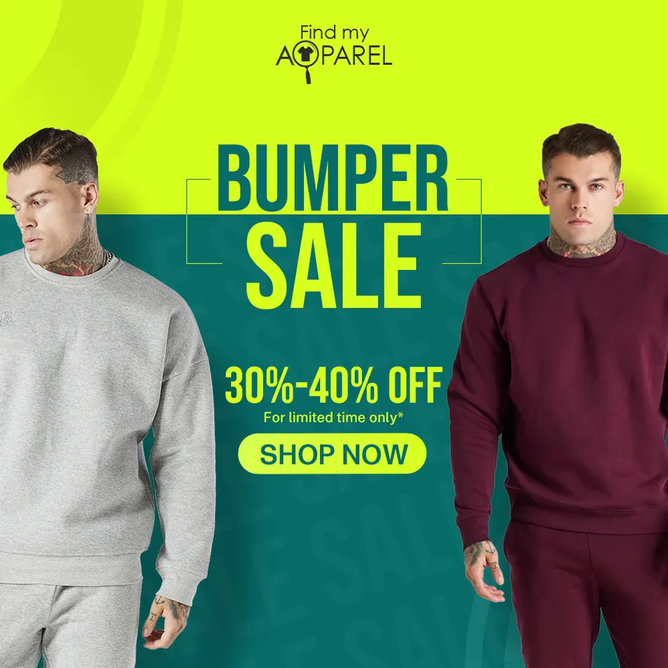Find My Apparel bumper-sale post with two male models in crewnecks on a lime and teal background