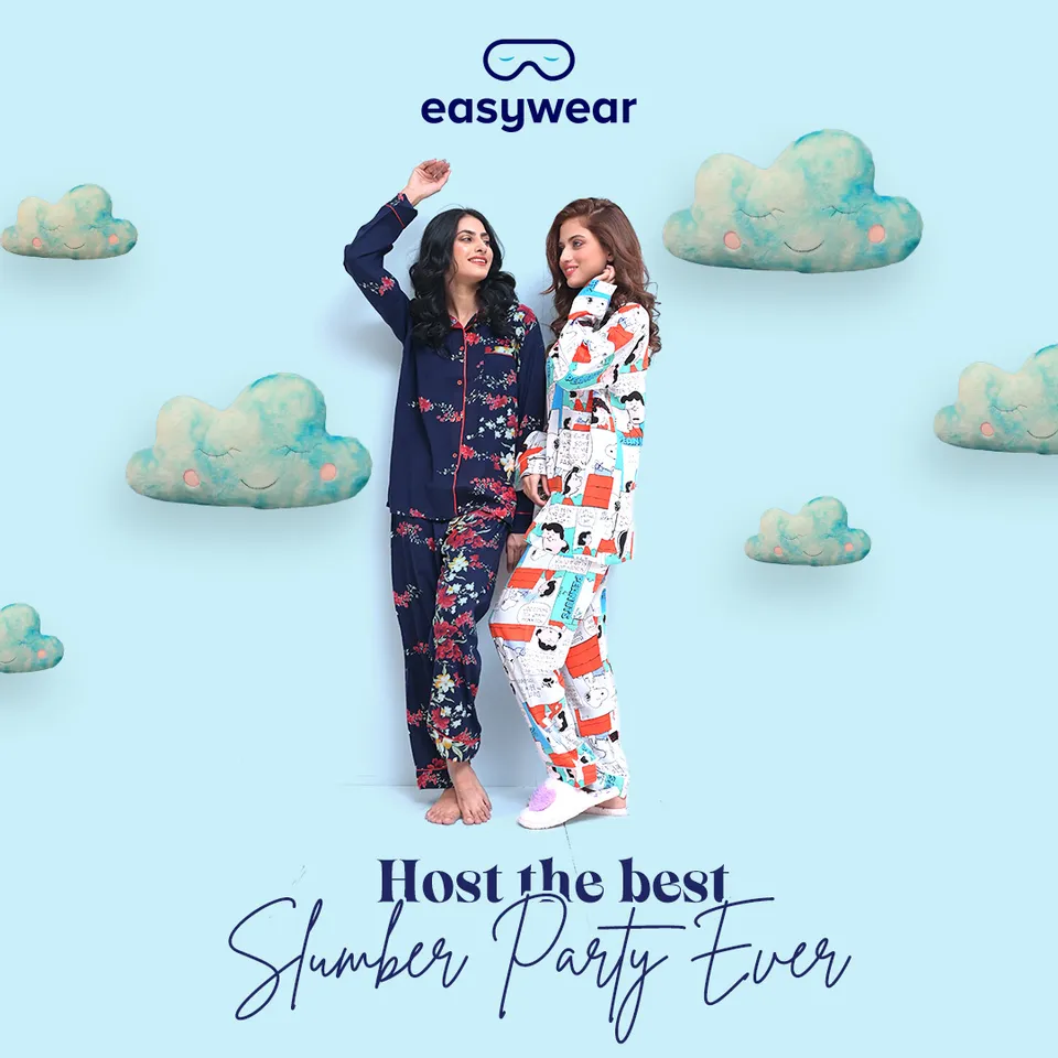 Easywear 'Host the best slumber party ever' post with two models in printed pyjamas among cloud illustrations