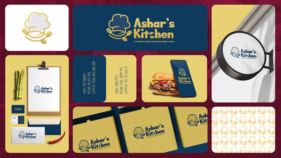 Ashar's Kitchen logo and brand identity board with chef mark, apron and packaging mockups