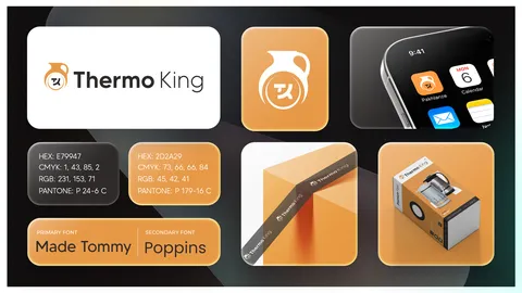Thermo King identity board: orange jug mark with wordmark, app icon, colour codes, typefaces and a boxed product