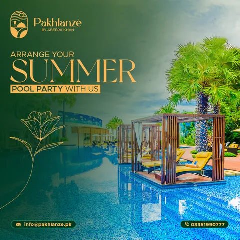 Pakhlanze 'Arrange your summer pool party with us' post: pool with a cabana and loungers