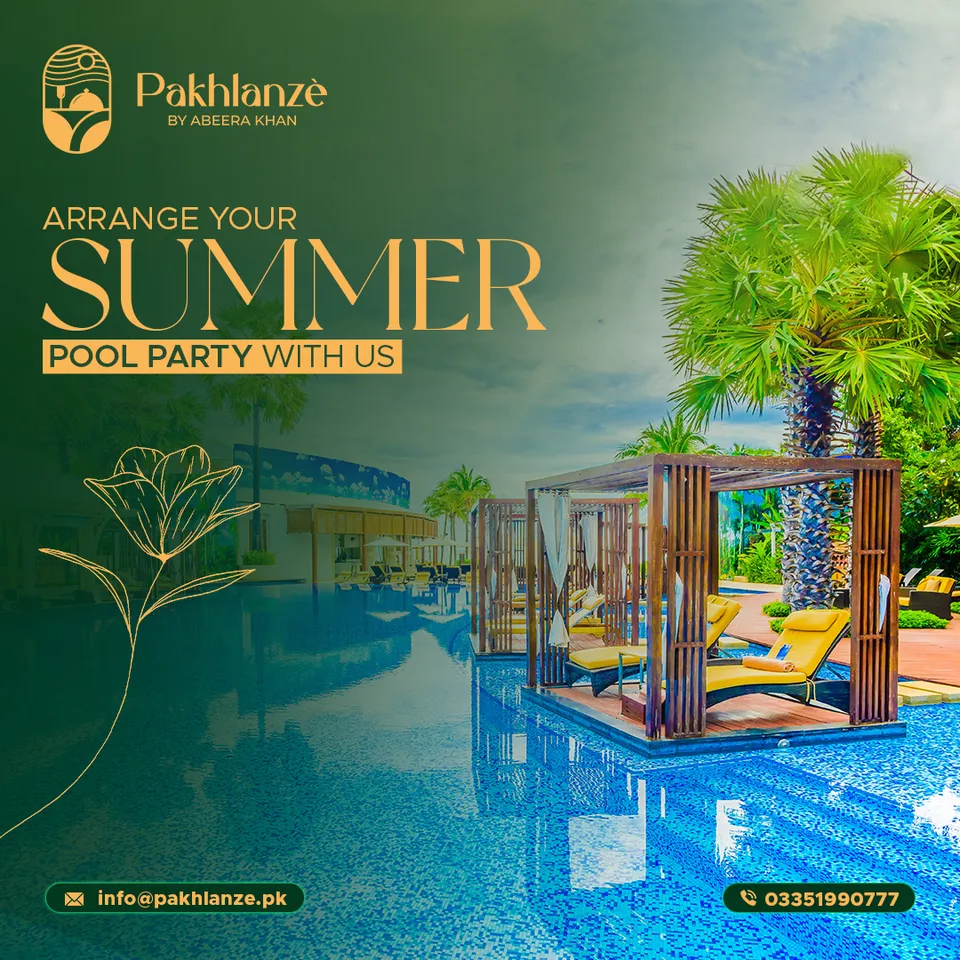 Pakhlanze post 'Arrange your summer pool party with us' with a poolside event setup on a green layout