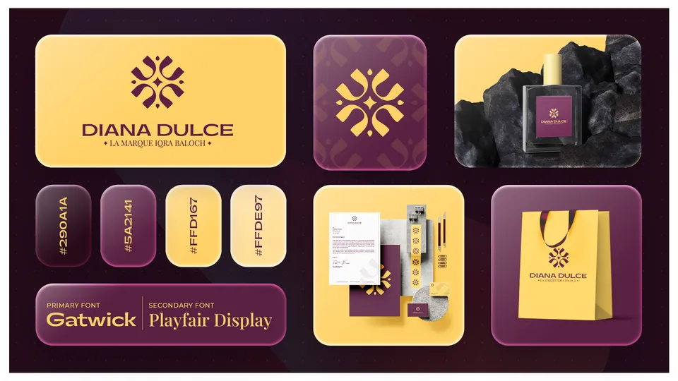 Diana Dulce logo and brand identity board with plum and gold palette, stationery and packaging