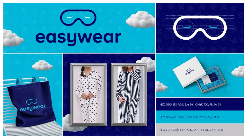 Easywear logo and brand identity board with sleep-mask mark, tote bag and stationery mockups
