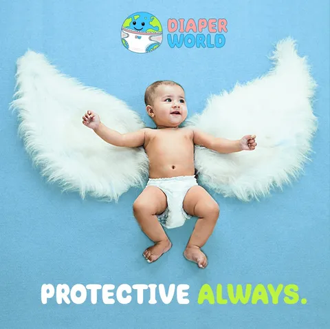Diaper World 'Protective always' post: baby in a diaper with white feather wings on blue fur