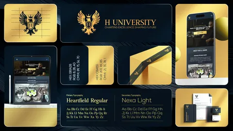 H University identity board: gold eagle crest and name on navy, tablet and phone website mockups, stationery and typefaces