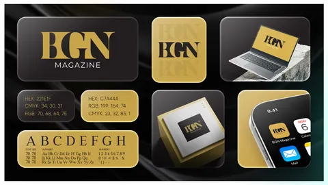 BGN Magazine identity board: gold BGN letters on black, app icon, laptop, colour codes and serif alphabet sample