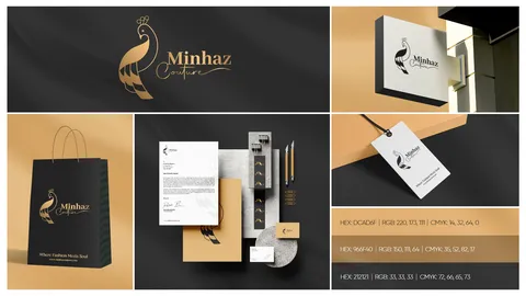 Minhaz Couture identity board: gold peacock mark on black, shopping bag, letterhead, sign and hang tags with colour codes