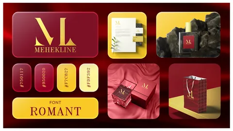 Mehekline identity board: gold ML monogram on crimson, stationery, fragrance box, shopping bag and Romant typeface