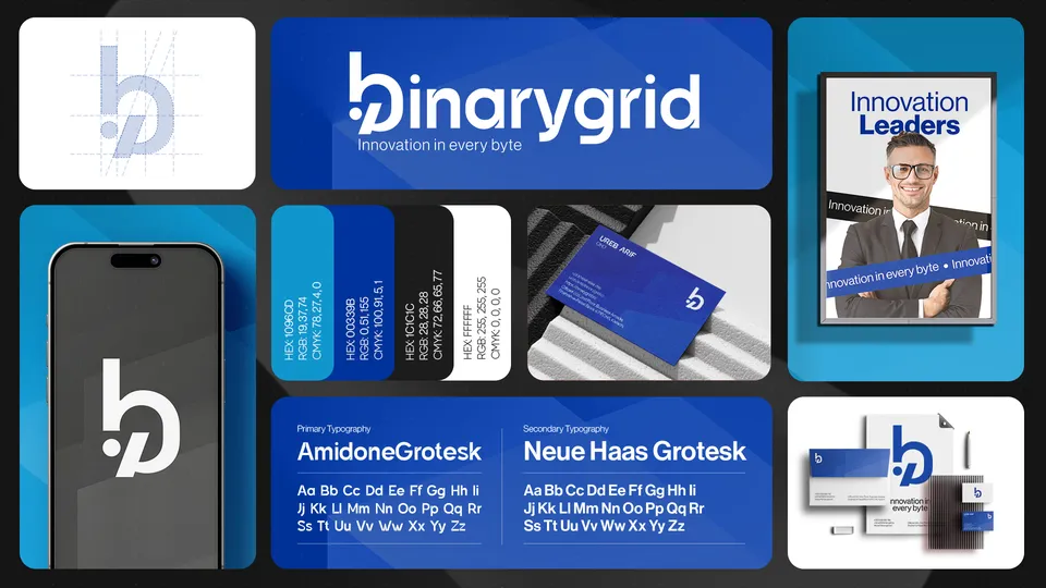 BinaryGrid logo and brand identity board