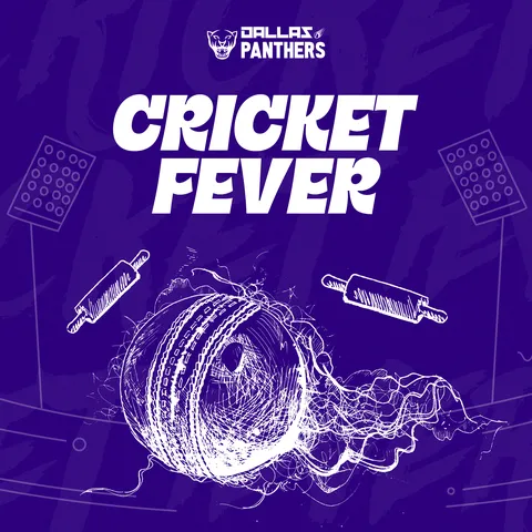 Dallas Panthers 'Cricket fever' post: glowing cricket ball with flames between two bats on purple