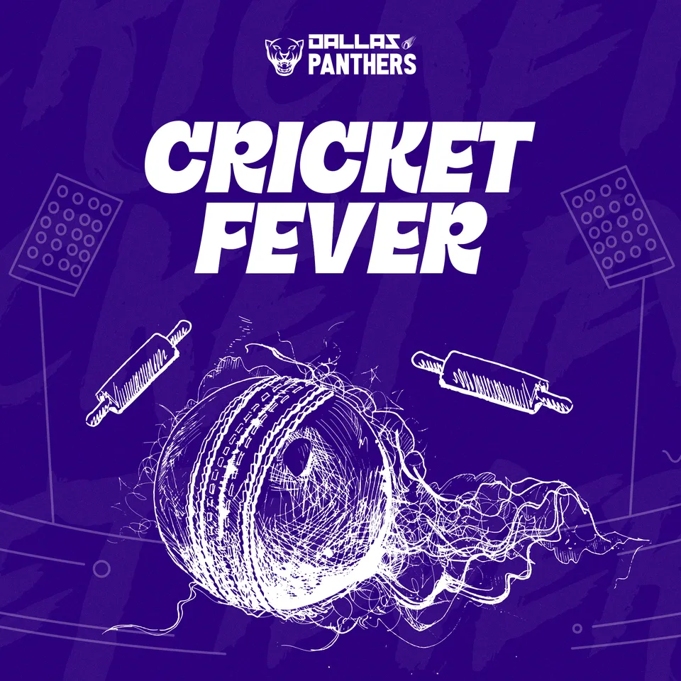 Dallas Panthers 'Cricket fever' post with a swirling cricket ball in white line art on purple