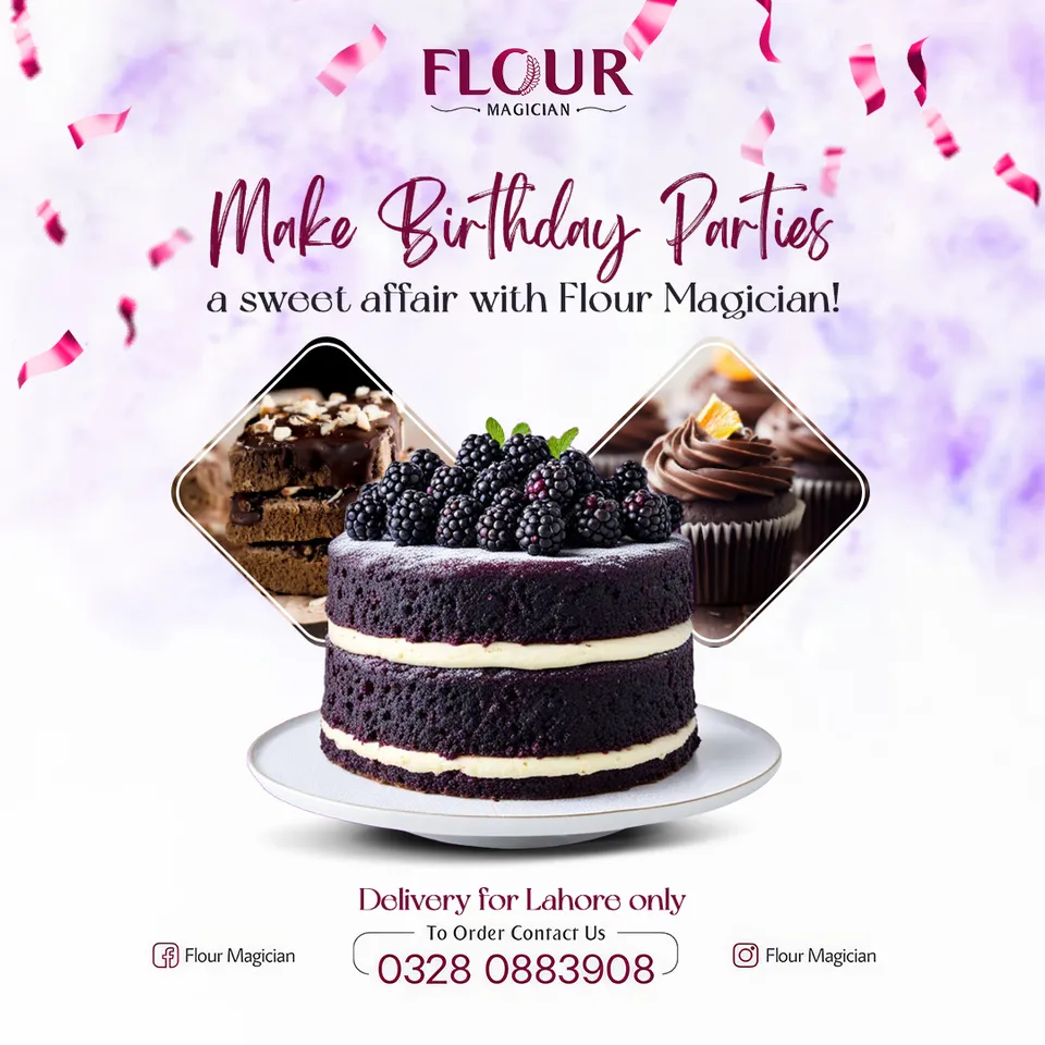Flour Magician post 'Make birthday parties a sweet affair' with a layered cake on a lilac watercolour background