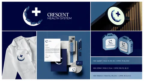 Crescent Health System identity board: crescent and cross mark in navy, lab coat, sign, stationery and medical cases