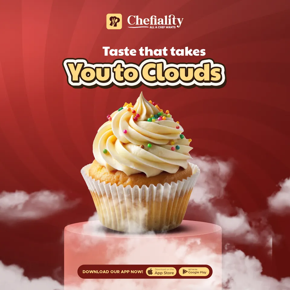 Chefiality cupcake on a cloud-like pedestal, 'Taste that takes you to clouds'
