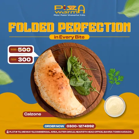 Pizza Warma 'Folded perfection in every bite' post: calzone with a dip, was and now price tags