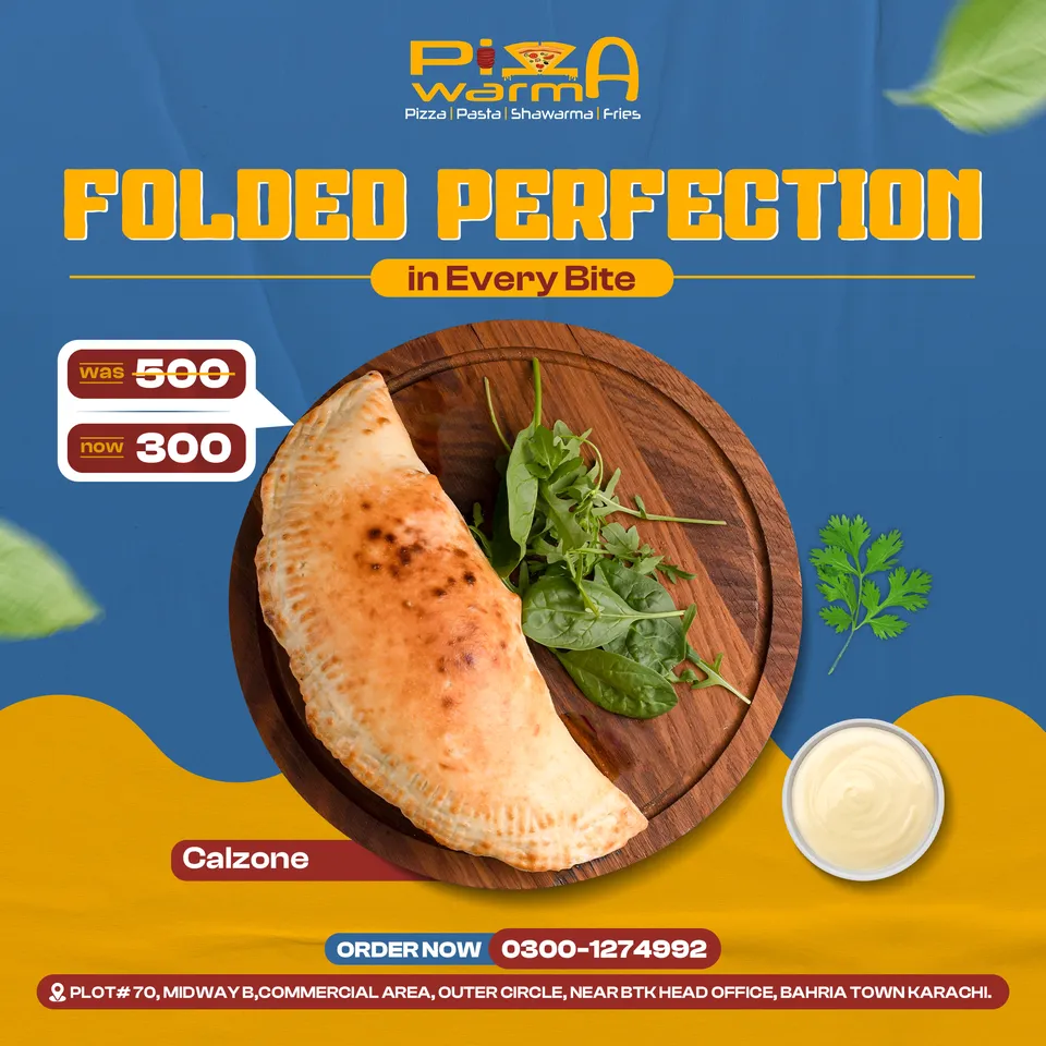 Pizza Warma 'Folded perfection in every bite' calzone post on blue and yellow